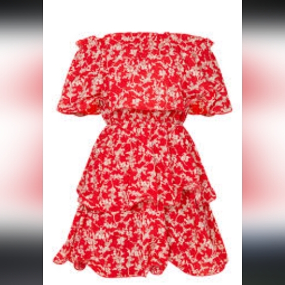 Pretty Little Things Red Floral Print Chiffon Bardot Ruffle Tiered Dress 12 NWT - Picture 3 of 10